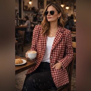 NWOT Umgee Red White Tweed Blazer Frayed Edge Jacket Size S